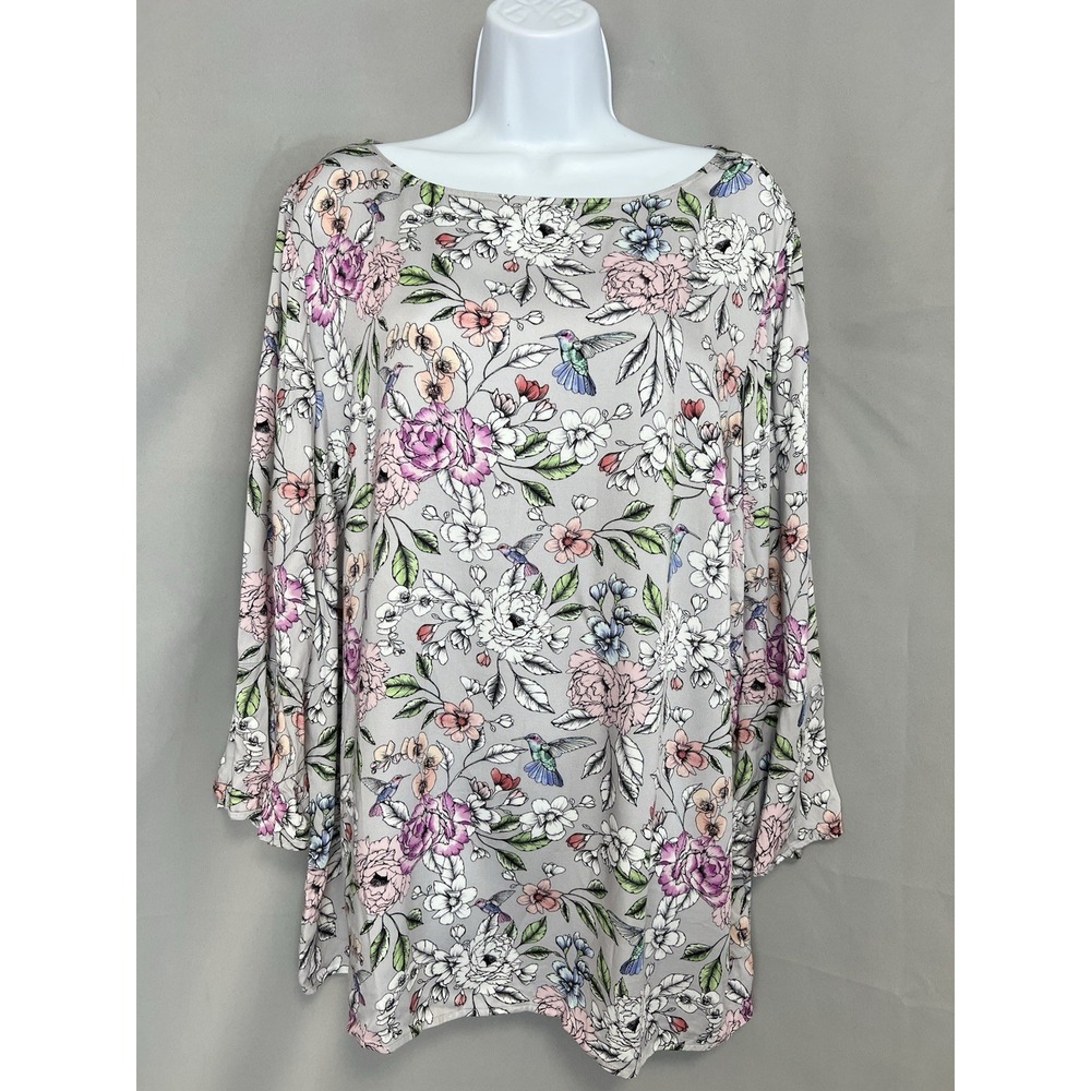 J. Jill Women Sz XL Hummingbird Floral Boat Neck Blouse 3/4 Bell Sleeves Boho